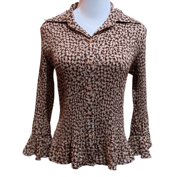 VINTAGE Blouse Top M Accordion Pleated‎ Lightweight Animal Print Cheetah Flutter - Picture 8 of 8